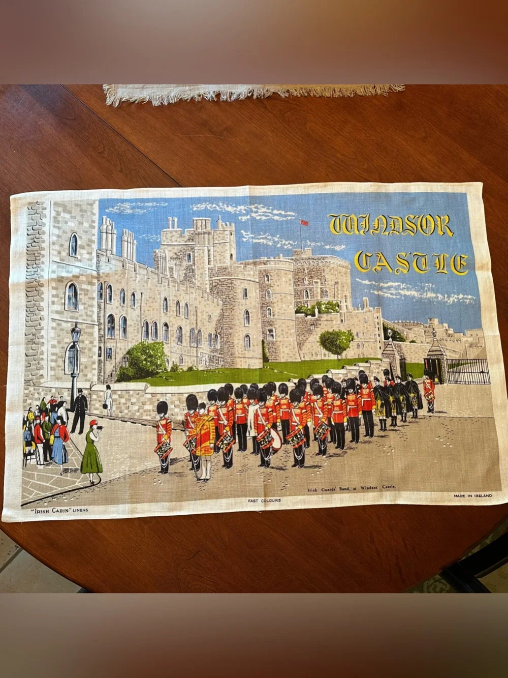Vintage Irish Cabins Linen Souvenir Tea Towel Windsor Castle Irish Guards' Band